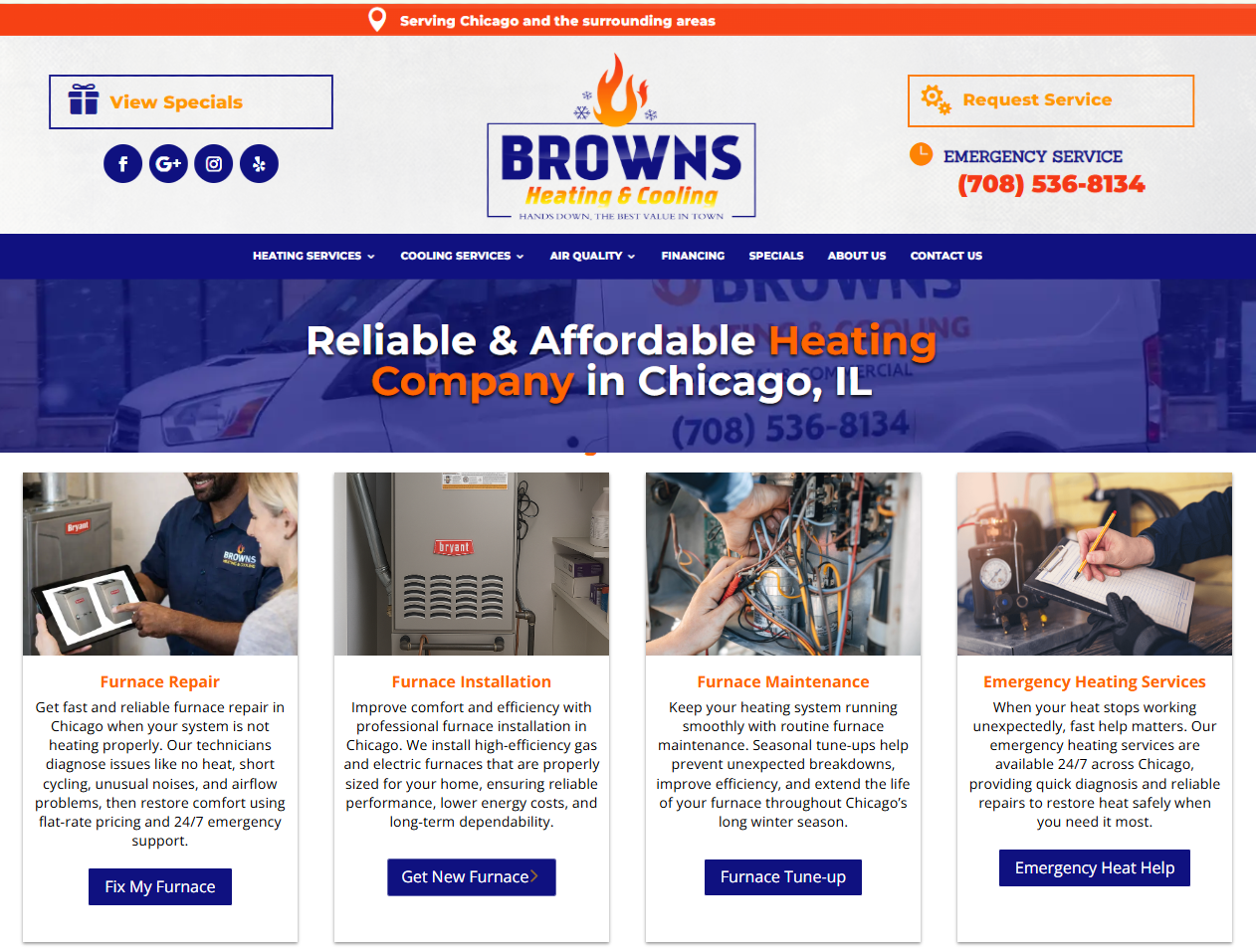 Browns Heating & Cooling Chicago page showing furnace repair, installation, maintenance, and emergency heating services