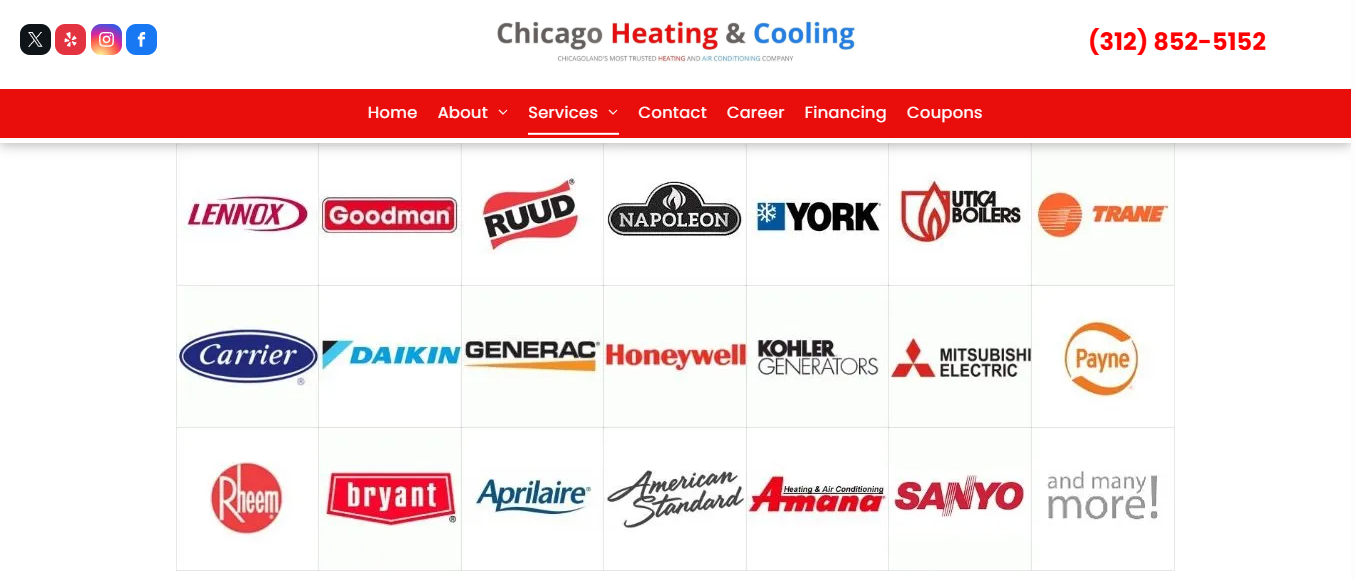 Chicago Heating & Cooling brand grid showing Lennox, Trane, Carrier, Goodman, and American Standard furnace equipment