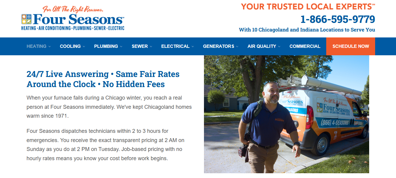 Four Seasons Chicago page advertising 24/7 live answering, job-based furnace pricing, and two to three hour dispatch