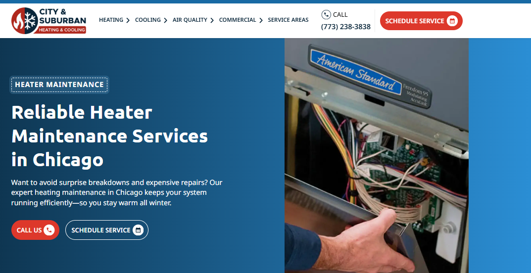 City & Suburban Heating & Cooling heater maintenance page with Chicago phone number and technician servicing a furnace