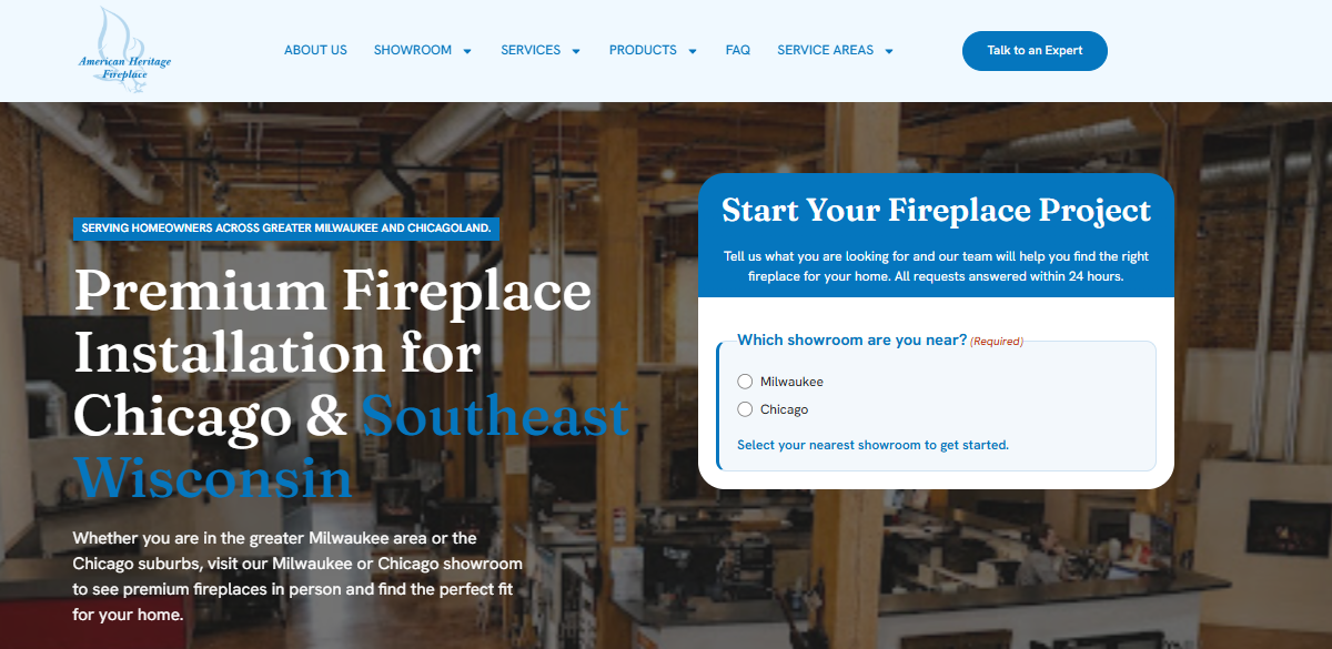 American Heritage Fireplace homepage promoting premium fireplace installation across Chicagoland and southeast Wisconsin showrooms