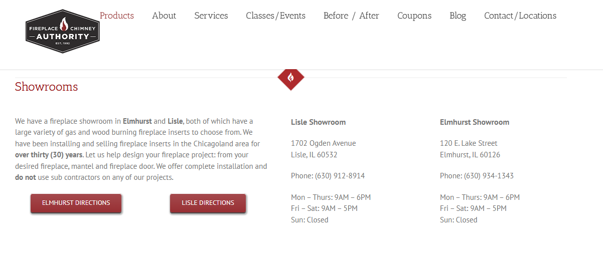 Fireplace & Chimney Authority showroom page listing Elmhurst and Lisle locations, phone numbers, and opening hours