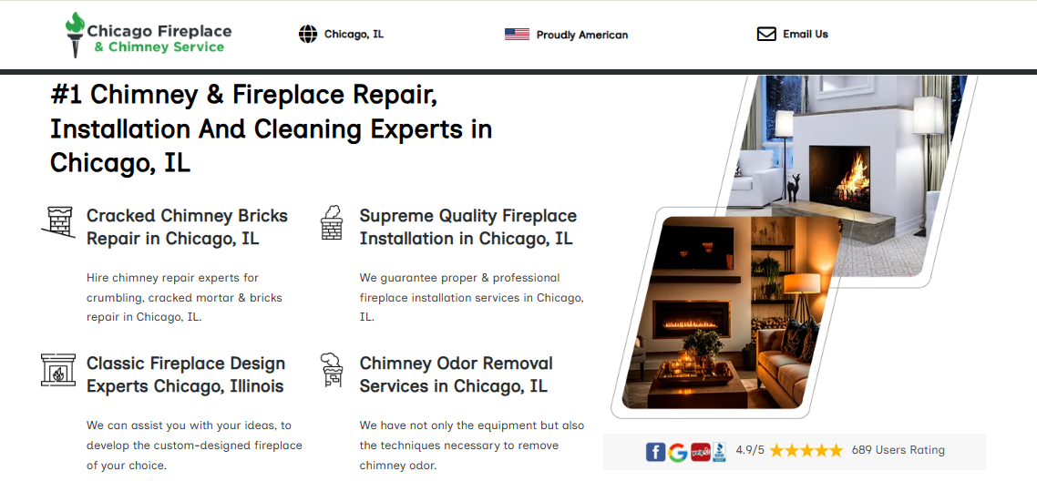 Chicago Fireplace & Chimney Service homepage listing chimney brick repair, fireplace installation, design, and odor removal