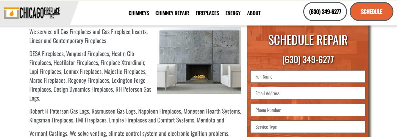 Chicago Fireplace Inc gas fireplace service page listing supported brands, gas logs, and a schedule repair form