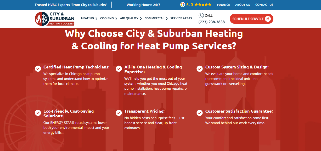  City & Suburban Heating & Cooling heat pump services page listing certified technicians and transparent pricing