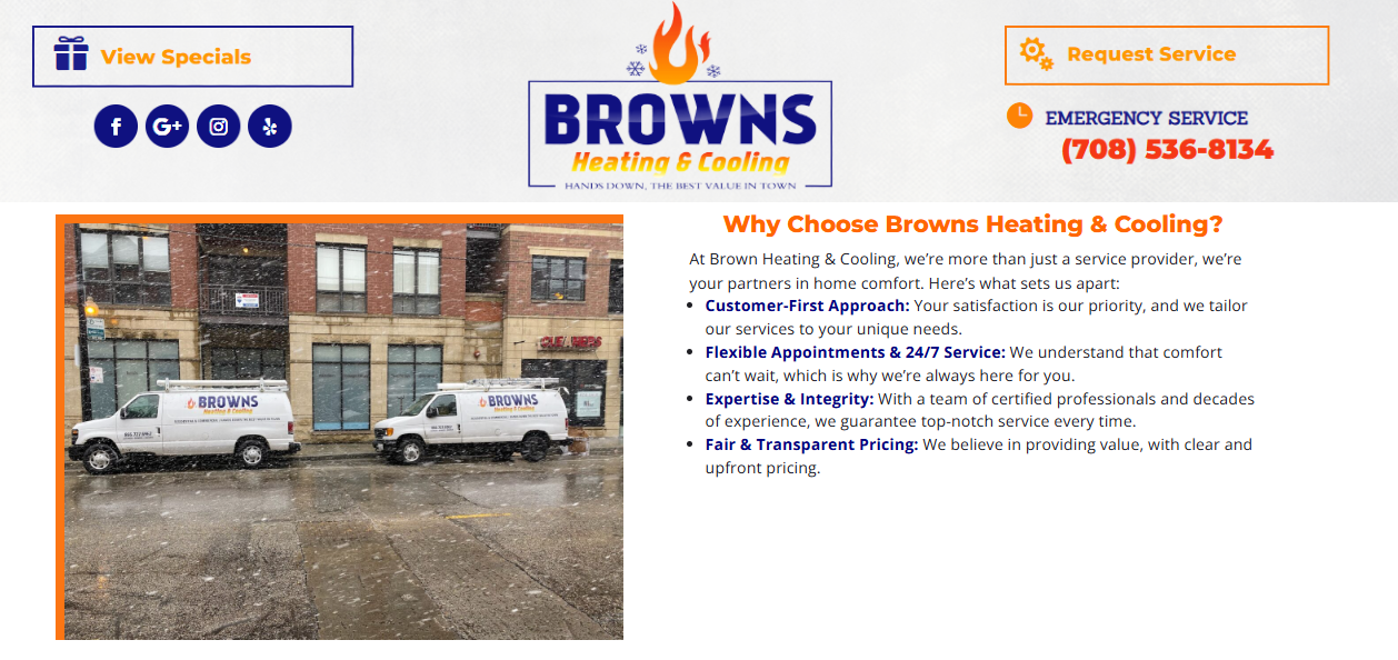 Browns Heating & Cooling service vans outside a snowy Chicago building beside its customer-first HVAC promises