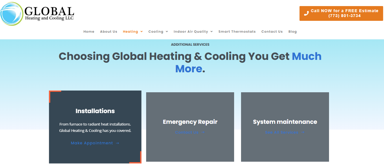  Global Heating and Cooling site showing installation, emergency repair, and system maintenance service tiles