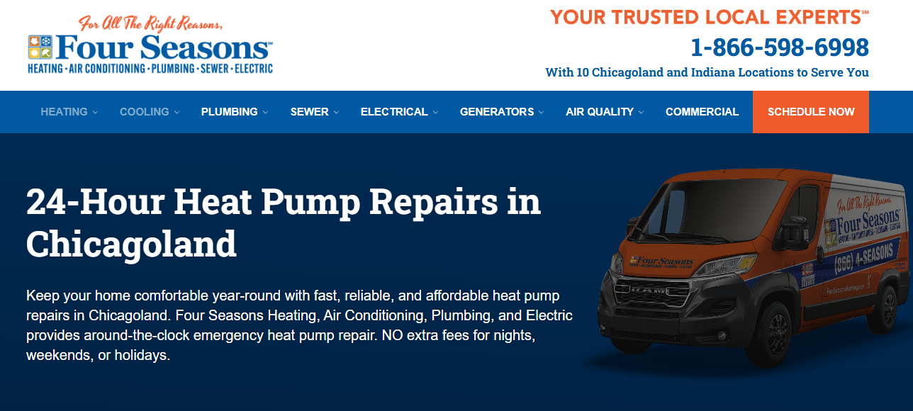 Four Seasons page advertising 24-hour heat pump repair in Chicagoland with a branded service van
