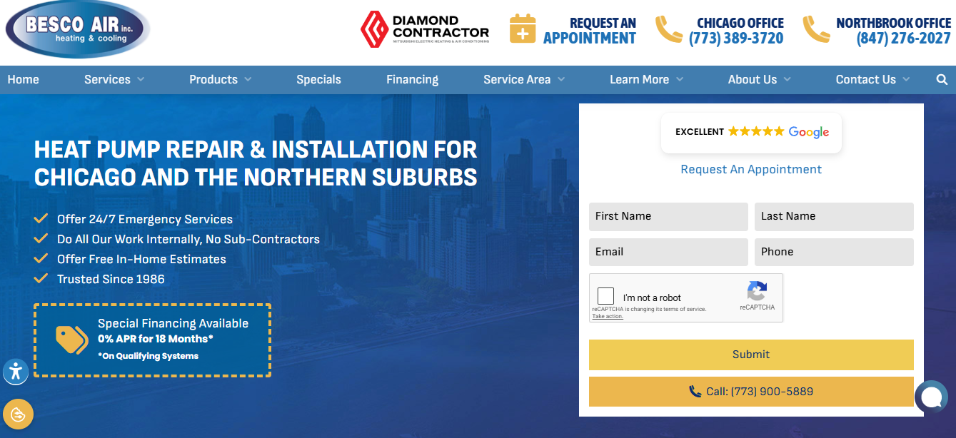  Besco Air heat pump repair and installation page for Chicago and the northern suburbs with quote form