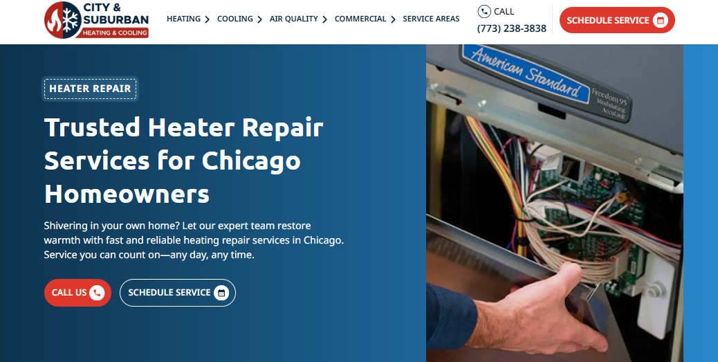 City & Suburban Heating & Cooling heater repair page for Chicago homeowners, with call and schedule service buttons