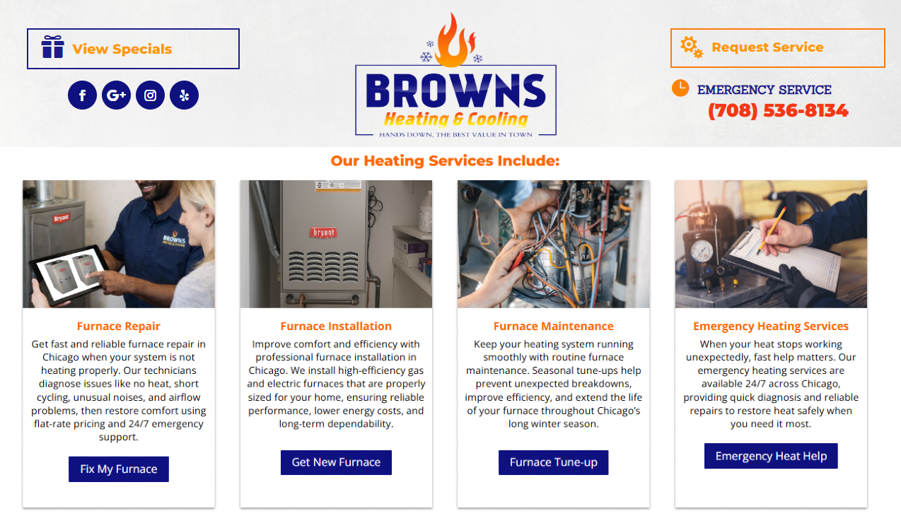 Browns Heating & Cooling header bar with specials link, social icons and emergency service phone number
