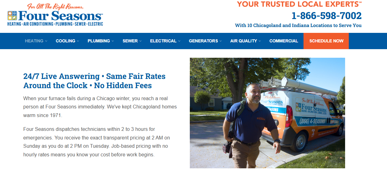 Four Seasons heating page promising 24/7 live answering, fair rates and no hidden fees for Chicago winters