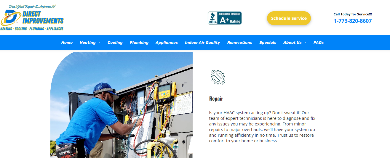 Direct Improvements multi-trade site showing HVAC repair section with technician servicing an outdoor unit