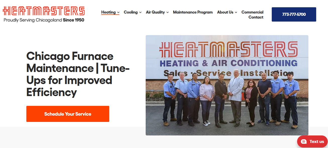 Heatmasters Chicago furnace maintenance page with team photo outside its Lawrence Avenue showroom