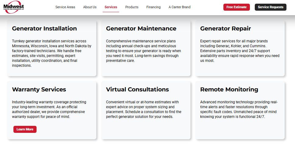 Midwest Electric service grid showing generator installation, maintenance, repair, warranty, and remote monitoring