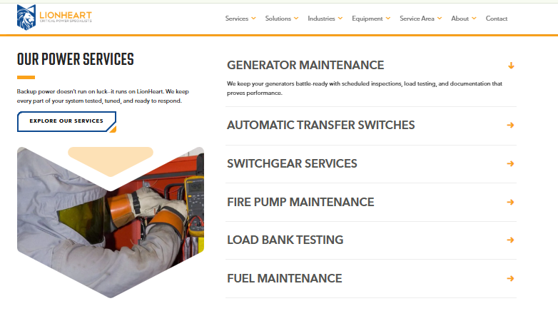 LionHeart Critical Power services menu listing generator maintenance, transfer switches, and load bank testing