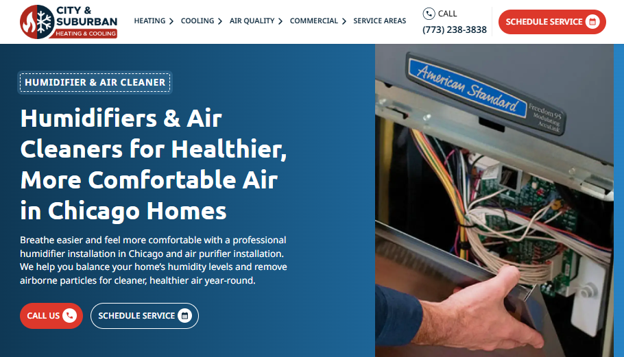 City & Suburban Heating & Cooling humidifier and air cleaner page for Chicago homes, with American Standard furnace
