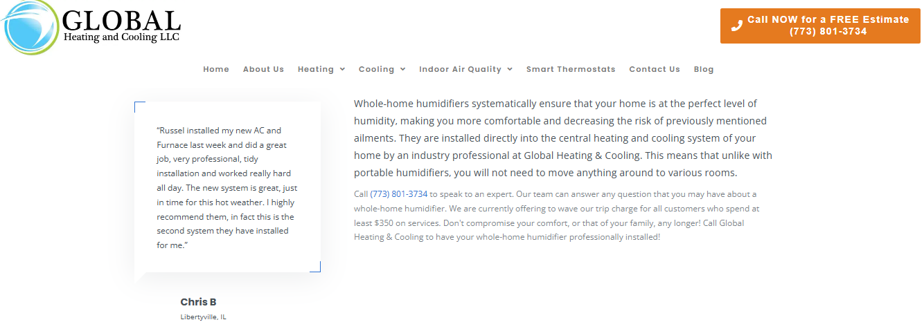  Global Heating and Cooling whole-home humidifier page with a customer review and free estimate call button