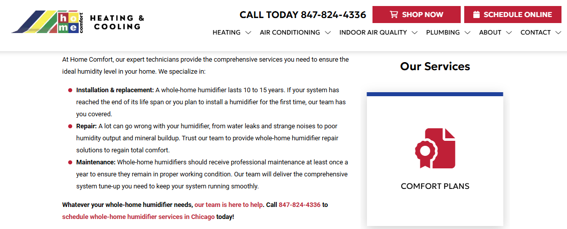 Home Comfort Heating & Cooling page listing whole-home humidifier installation, repair, and annual maintenance services