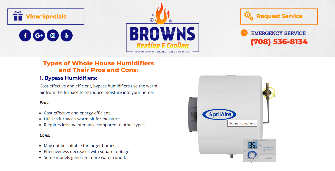 Browns Heating & Cooling page explaining bypass whole house humidifier pros and cons with an Aprilaire unit