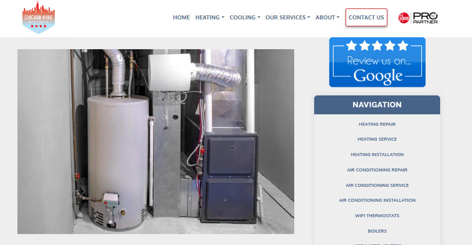 Chicago HVAC Repair Doctor page showing a basement furnace, water heater, and bypass humidifier duct connection