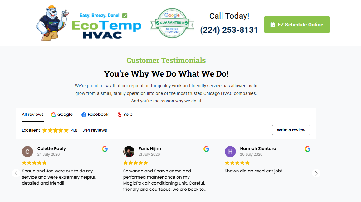  Eco Temp HVAC customer testimonials section showing a 4.8 rating across 344 Google and Yelp reviews