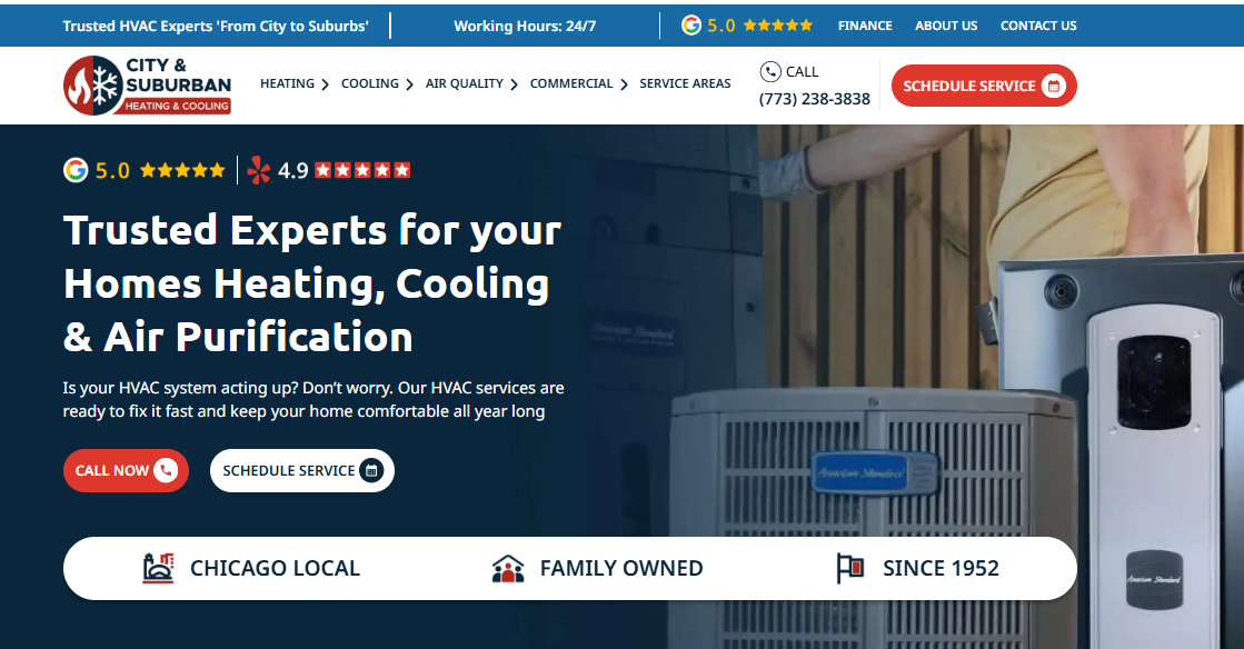 City & Suburban Heating & Cooling Chicago homepage showing 5.0 Google rating, 24/7 hours, and family owned since 1952