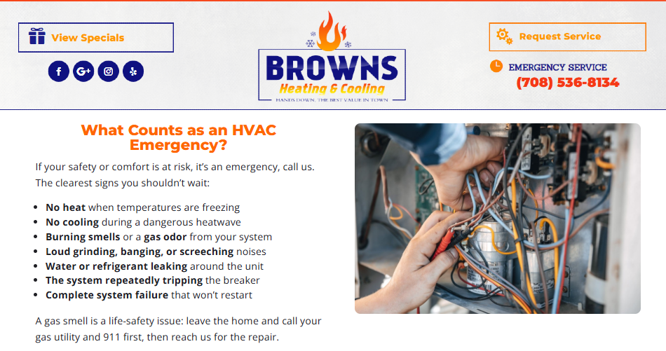Browns Heating & Cooling Chicago emergency HVAC page listing no heat, no cooling, and gas odor warning signs
