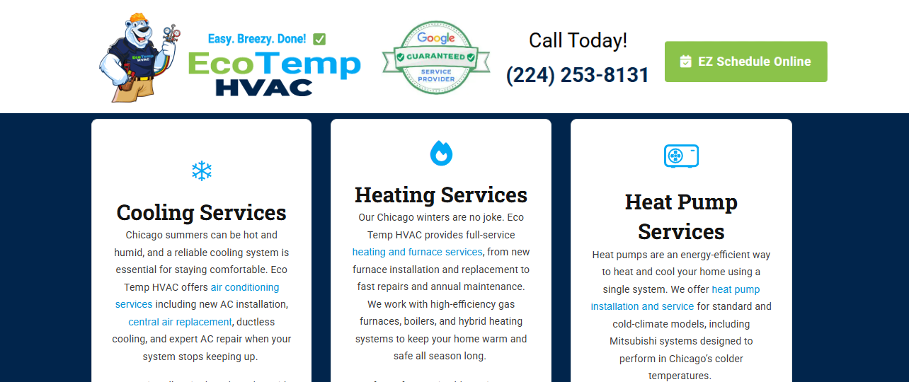 Eco Temp HVAC Chicago service page listing cooling, heating, and heat pump installation options