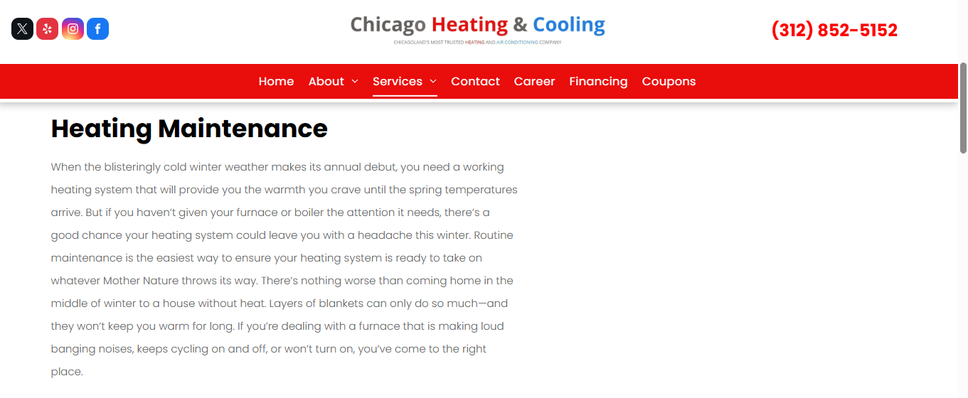 Chicago Heating & Cooling heating maintenance page explaining furnace and boiler tune-ups before winter