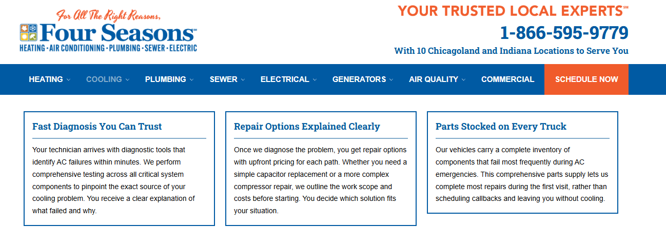 Four Seasons Heating, Cooling, Plumbing and Electric Chicago page describing AC diagnosis, repair options, and stocked parts