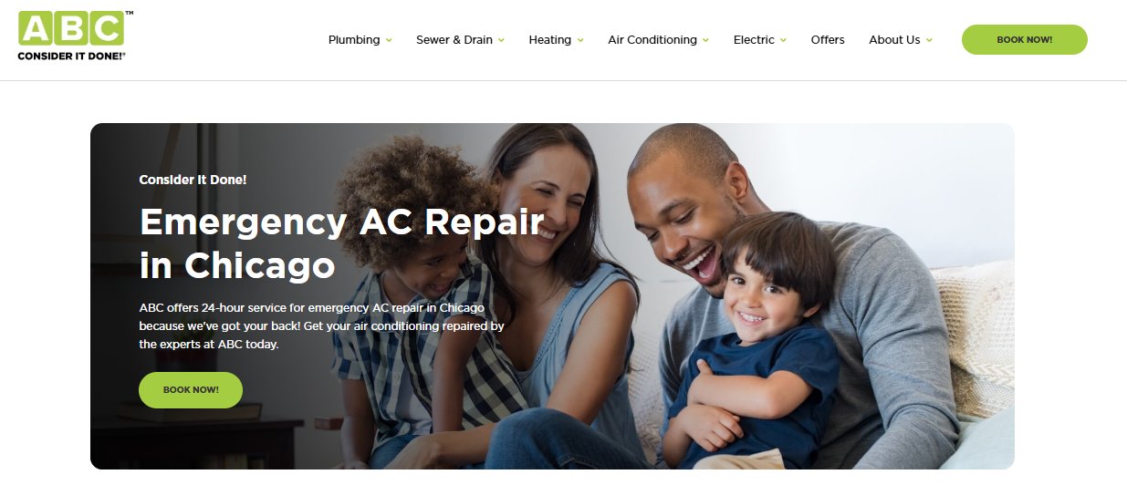 ABC Plumbing, Sewer, Heating, Cooling and Electric page promoting 24-hour emergency AC repair in Chicago