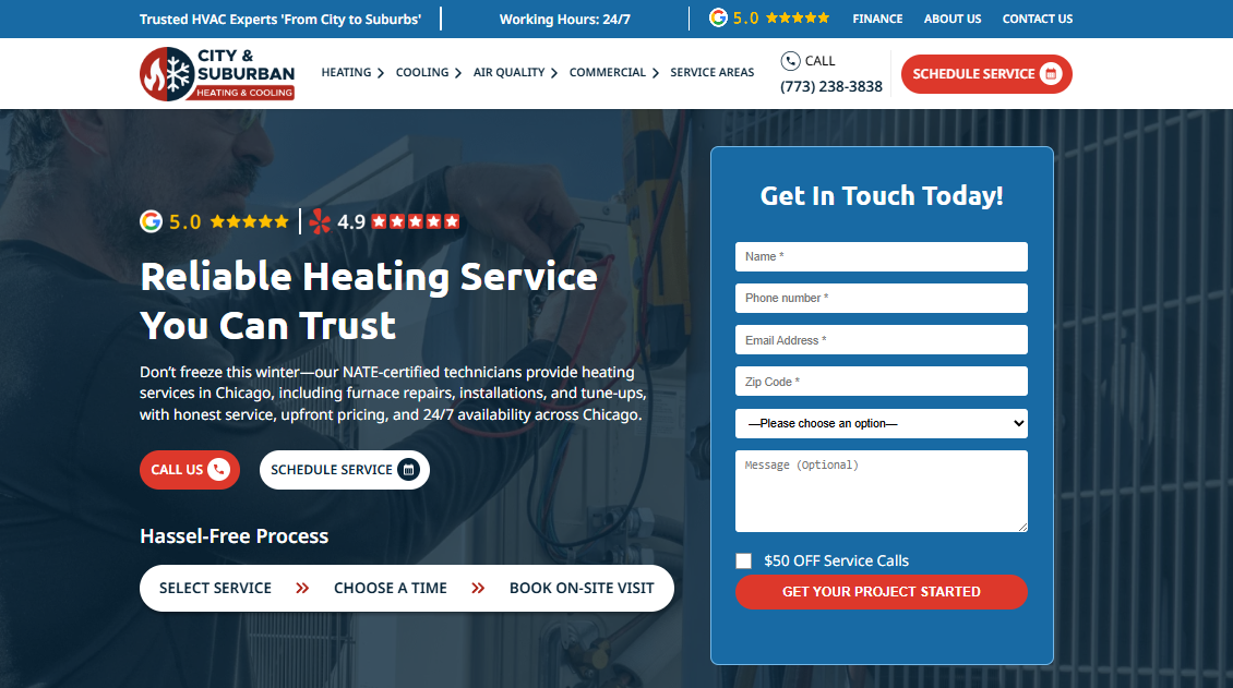 City & Suburban Heating & Cooling Chicago homepage showing 5.0 Google rating and thermostat service booking form
