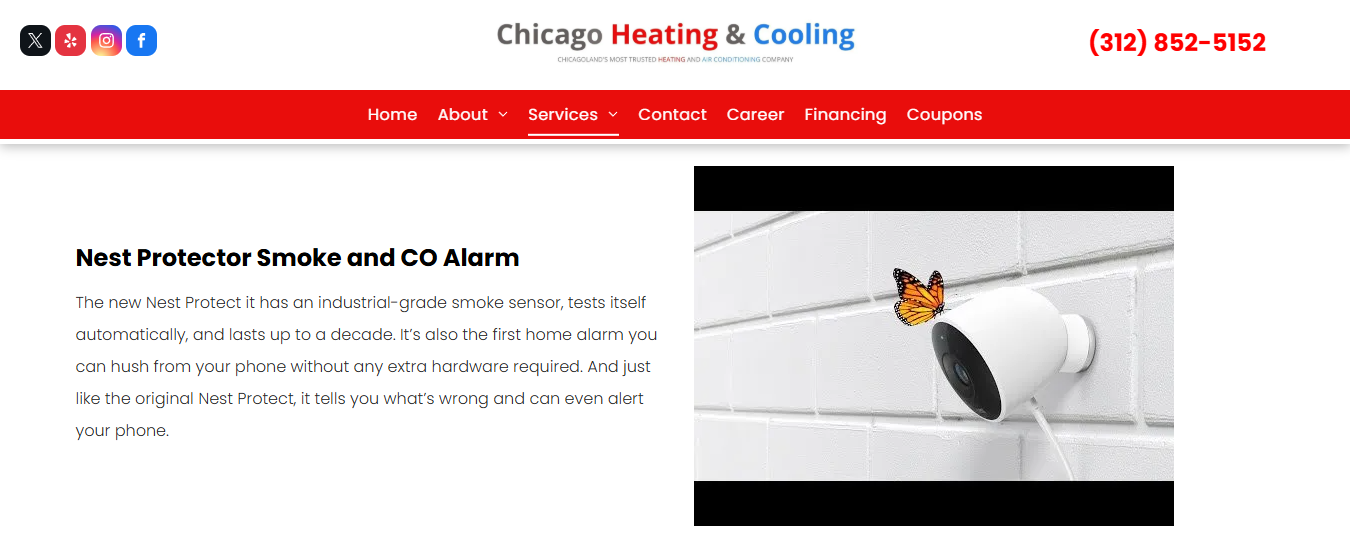 Chicago Heating & Cooling services page featuring Nest Protect smoke and CO alarm alongside thermostat work