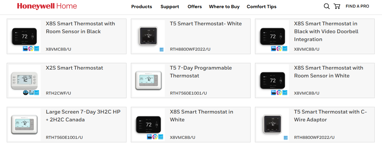 Honeywell Home smart thermostat range including X8S, T5 and X2S models with C-wire adaptor options