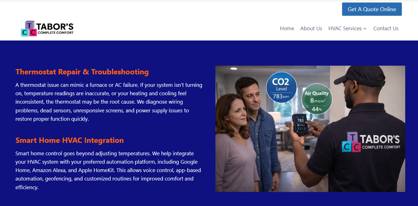 Tabor's Complete Comfort thermostat repair and troubleshooting page with technician showing indoor air quality readings