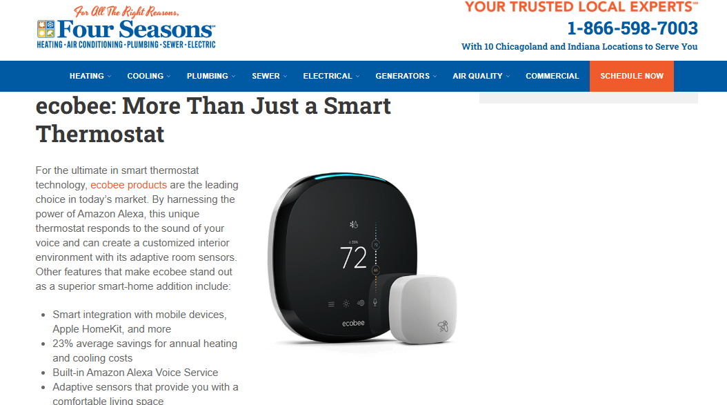 Four Seasons page promoting ecobee smart thermostat with claimed 23 percent annual heating and cooling savings