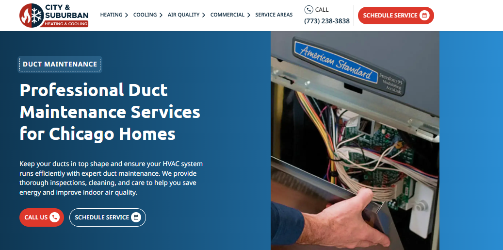 City & Suburban Heating & Cooling duct maintenance page for Chicago homes, with technician servicing an American Standard furnace