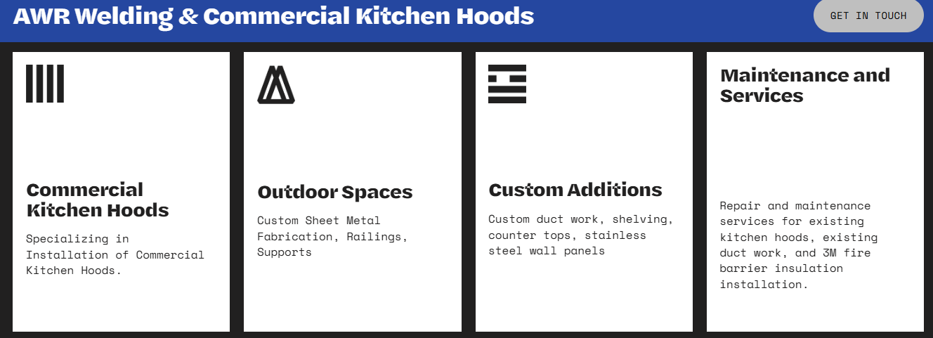 AWR Welding & Commercial Kitchen Hoods services listing commercial hood installation, sheet metal fabrication and duct work