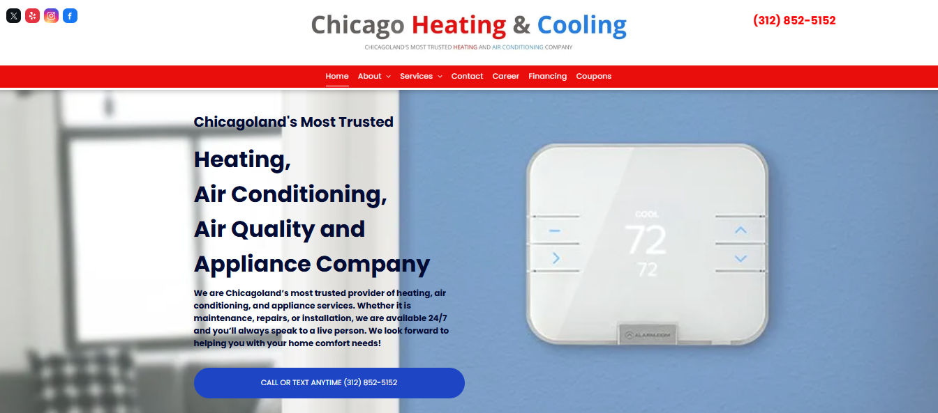  Chicago Heating & Cooling homepage promoting 24/7 heating, air conditioning, air quality and appliance service in Chicagoland