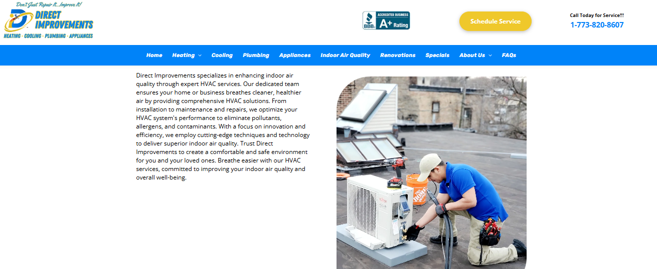 Direct Improvements indoor air quality page showing a technician servicing a rooftop condenser unit in Chicago