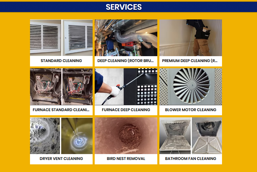 Duct cleaning company service grid with dryer vent cleaning, bird nest removal, blower motor and bathroom fan cleaning options